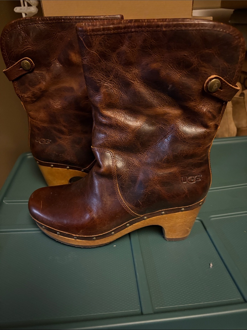 UGG Women's Dark Brown Leather Clog Heel Boots